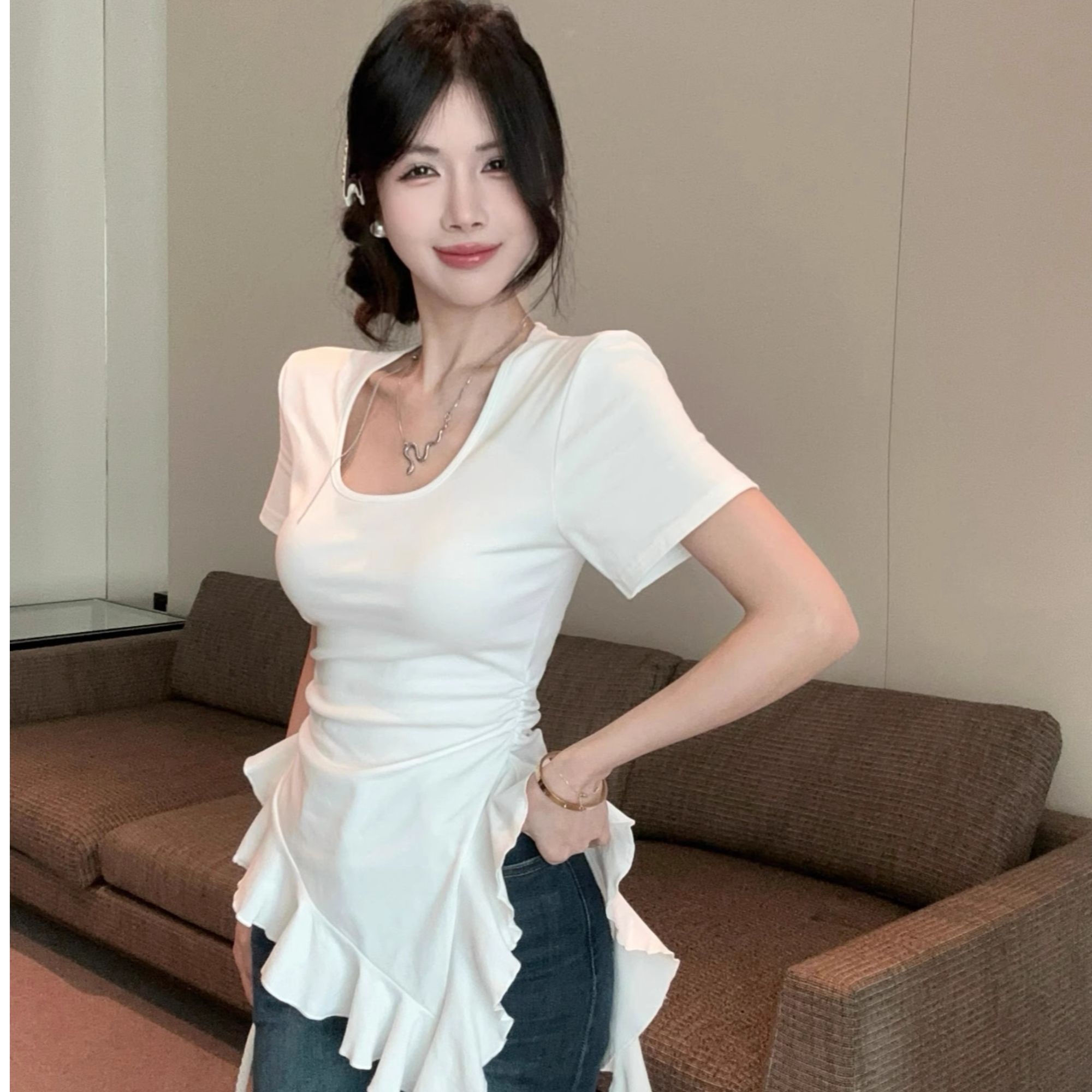 大码胖mm不规则荷叶下摆抽褶短袖t恤女夏季修身显瘦上衣打底衫