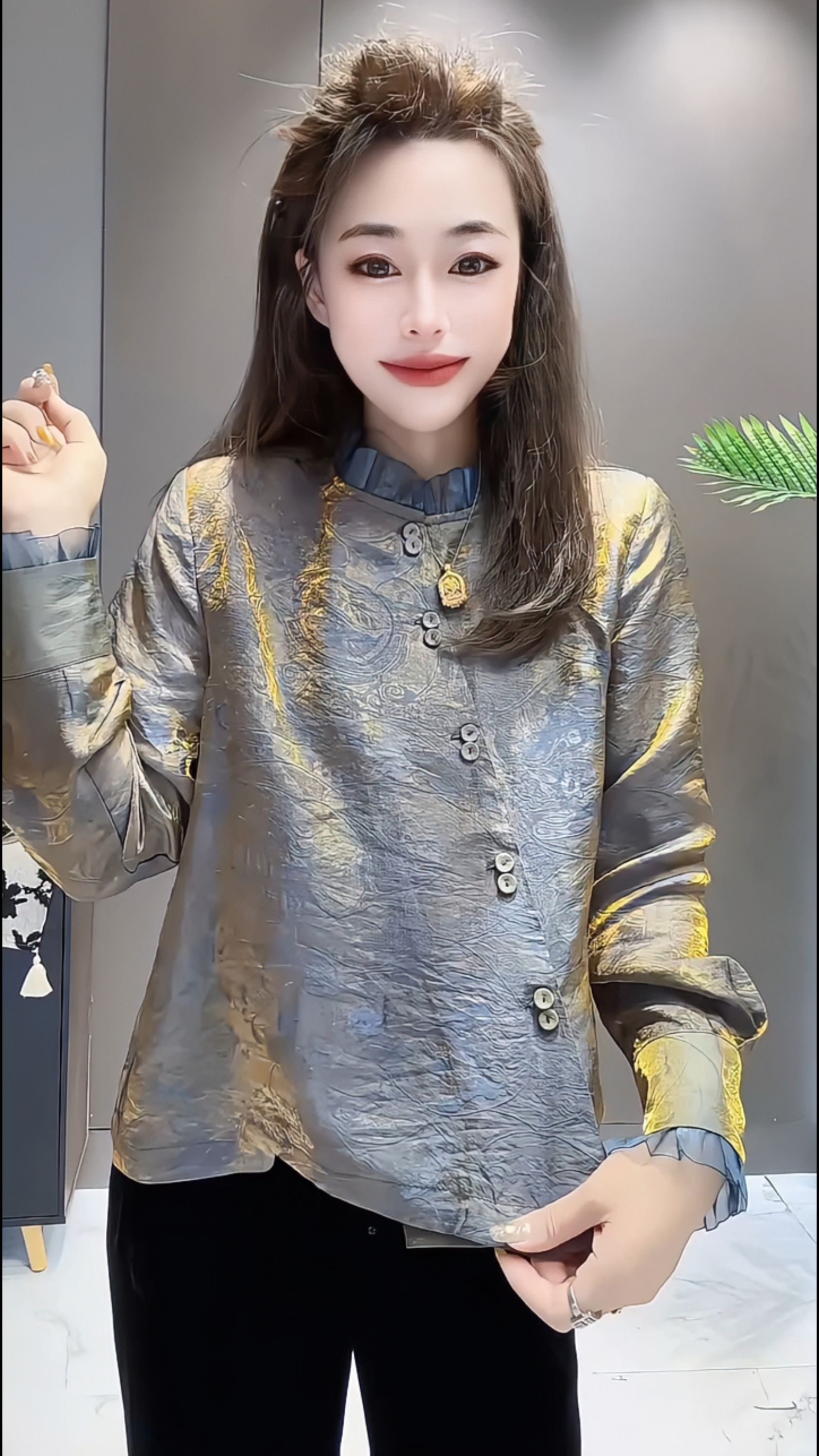 秋季新款新中式高级感洋气提花国风气质长袖衬衫法式木耳边上衣女