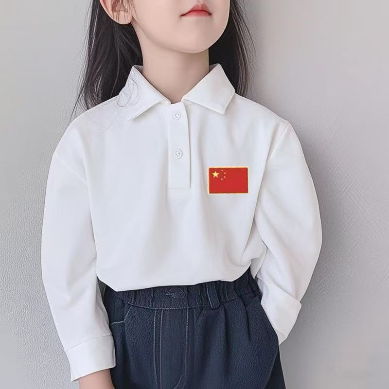 中大童五星红旗polo衫白色t恤男女童秋季国潮翻领儿童长袖上衣T恤