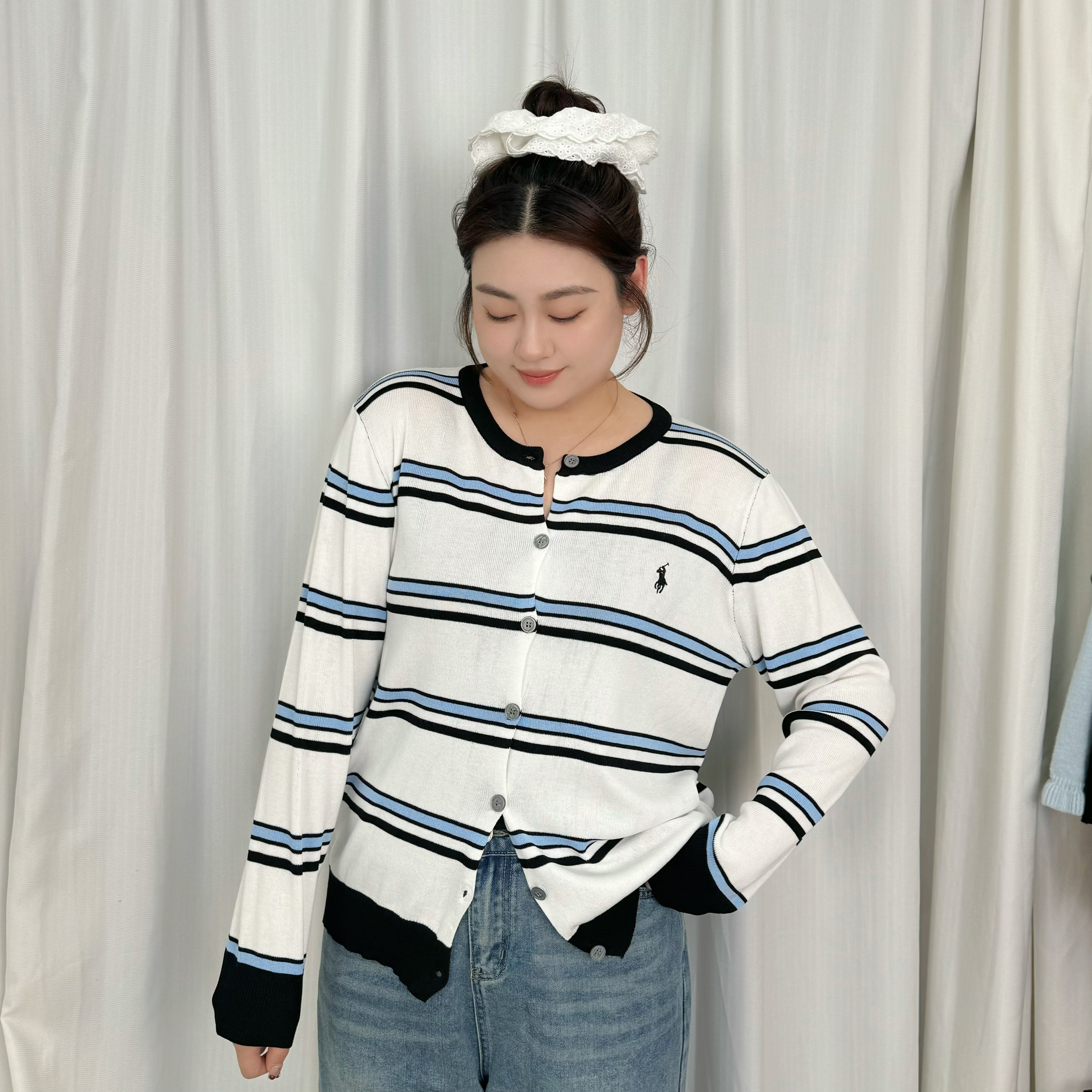 【大码】718复古撞色条纹针织衫宽松开衫毛衣外套女装春显瘦长袖上