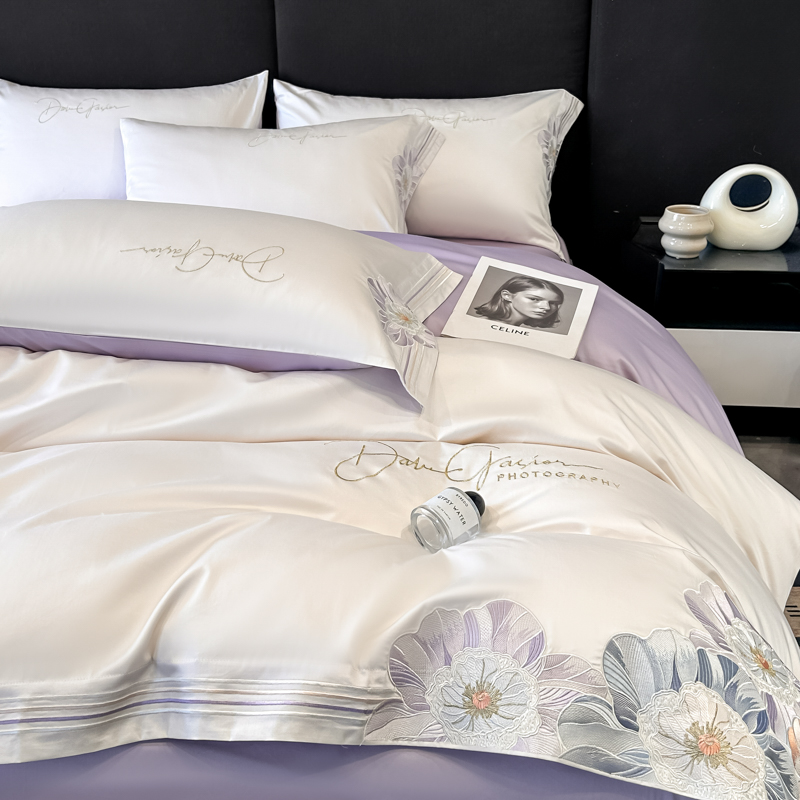 水星系列家纺A类长绒棉全棉四件套纯棉花卉绣花被套床单床上用品