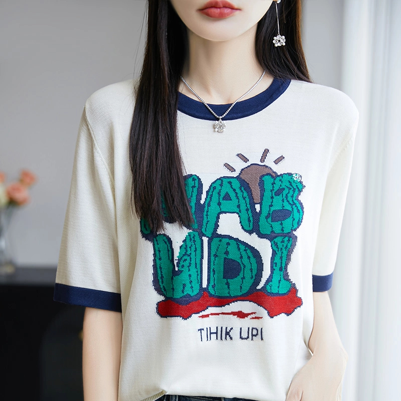 莱赛尔天丝字母撞色提花2025夏新款设计感针织打底衫薄短袖女T恤