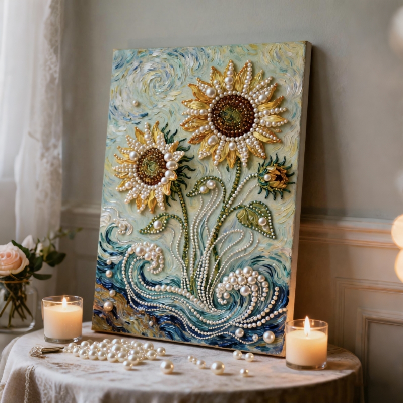 新款diy珍珠画向日葵系列手工自粘粘钻画高颜值装饰画