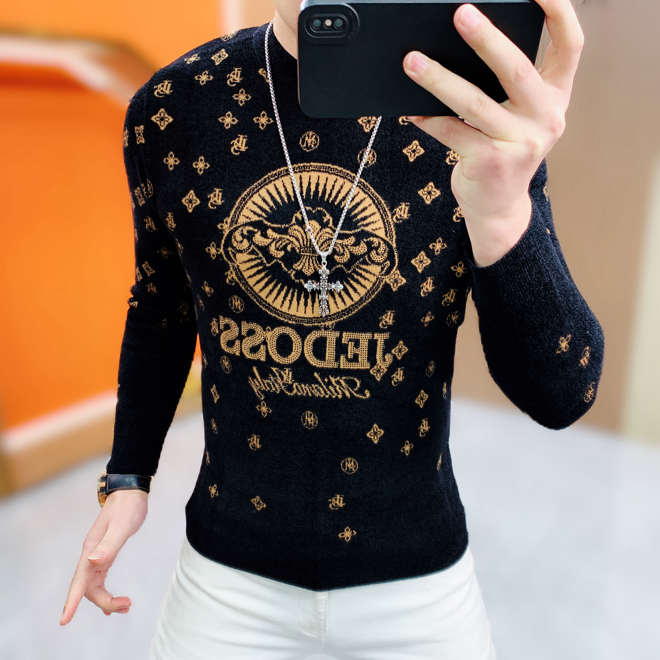 阿凯严选-欧货冬季新款男士针织潮流时尚天鹅绒长袖打底毛衣