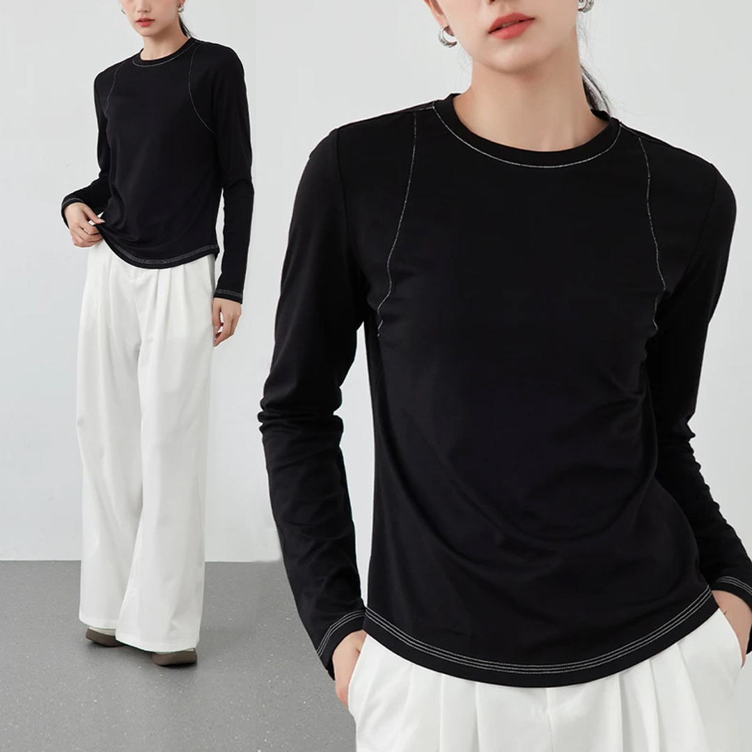 圆领黑色打底衫女秋冬内搭明线上衣高级宽松长袖洋气显瘦百搭t恤