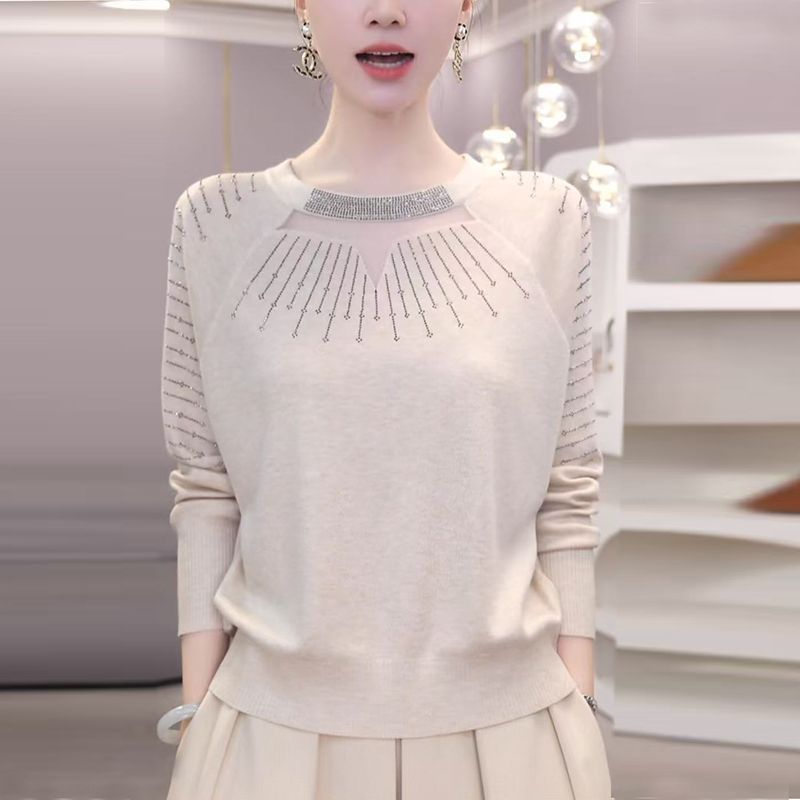 气质镂空毛针织衫优雅百搭刺绣保暖针织衫纯色简约打底衫圆领毛衣