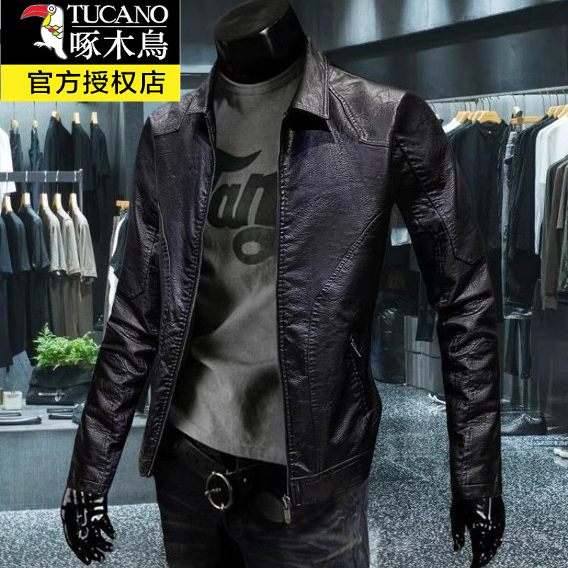 啄木鸟短款海宁皮衣男士2025新款修身休闲翻领机车时尚夹克外套