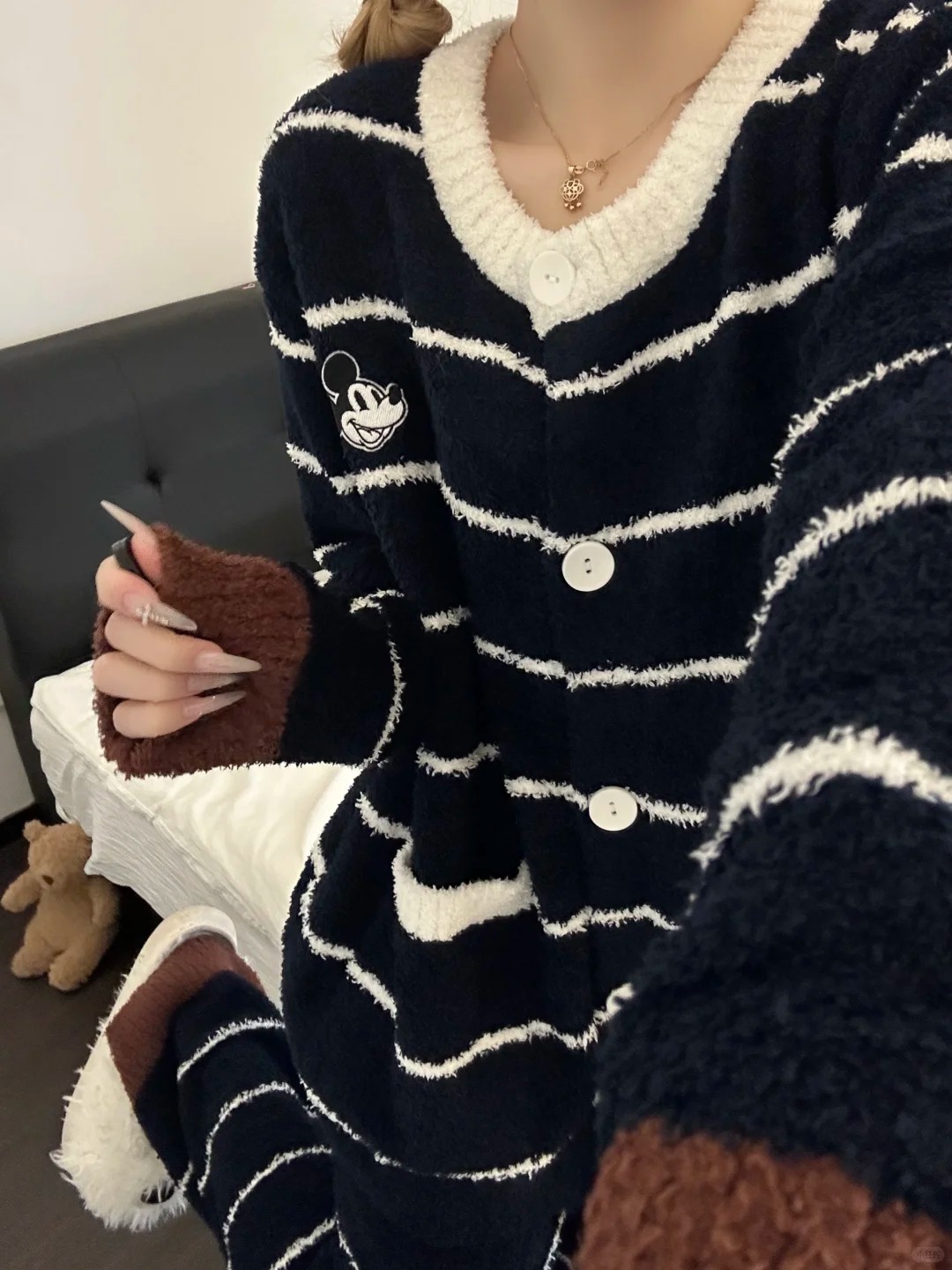 韩系条纹米奇慵懒风针织半边绒睡衣女冬季套装保暖家居服可外穿