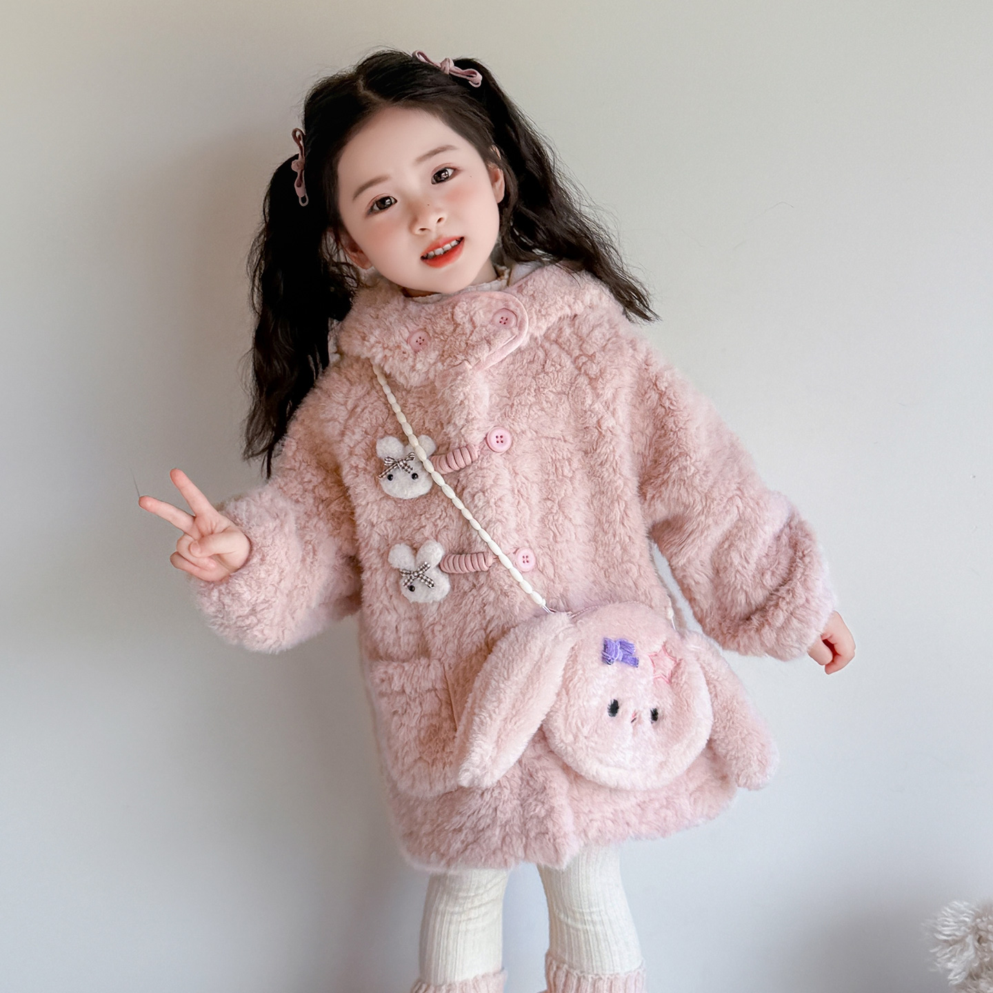 女童卡通毛毛衣秋冬2025新款洋气时髦儿童中长款大衣宝宝加绒外套