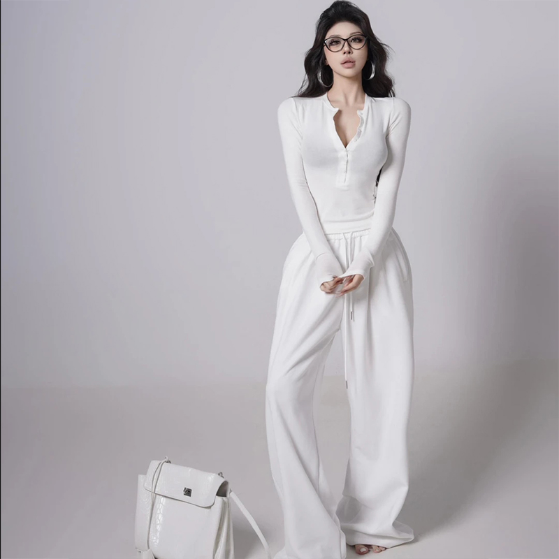 韩系收腰修身打底衫T恤女2025春季新款显瘦白色内搭高腰休闲长裤