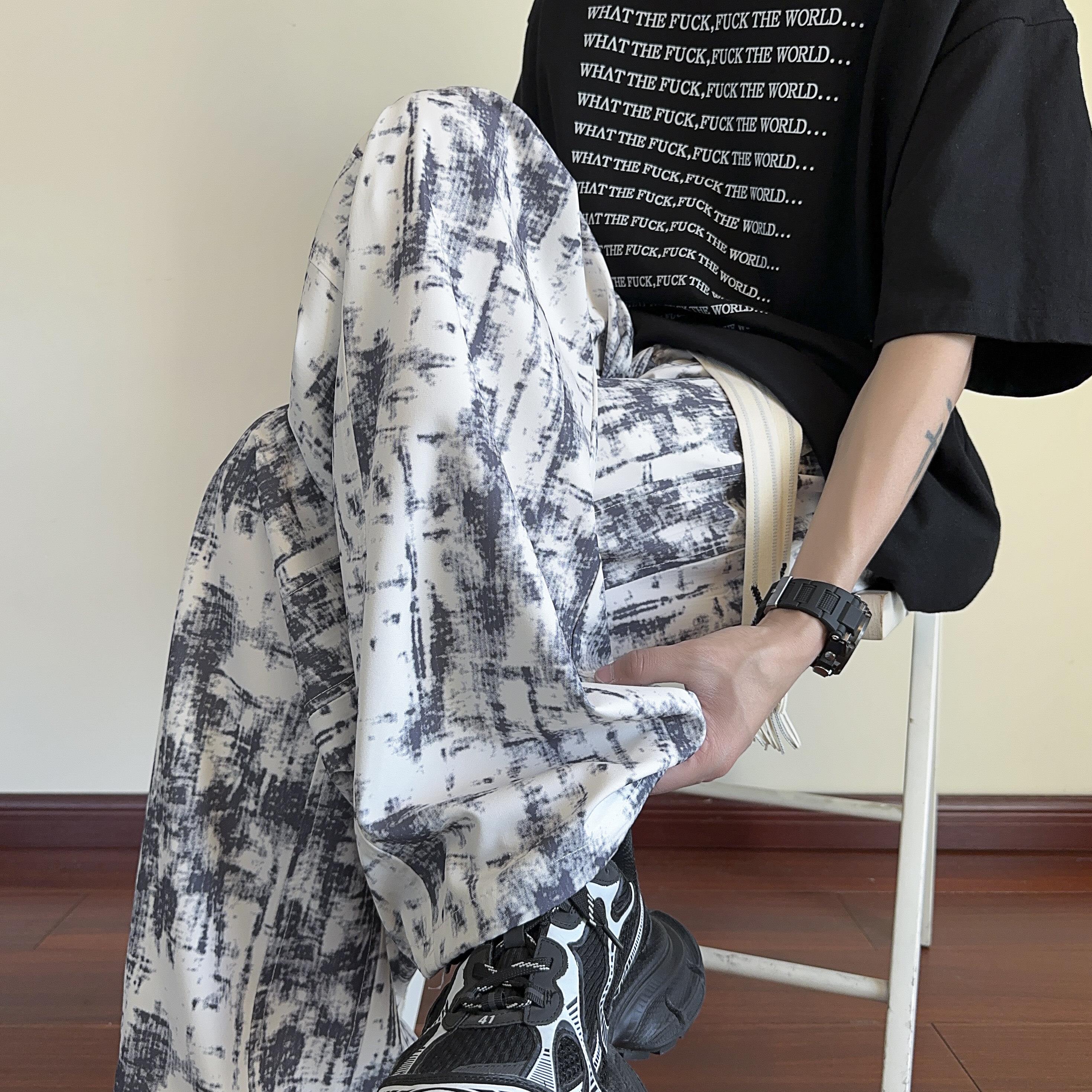 HBDB美式复古扎染凉感裤子男夏季薄款速干直筒长裤阔腿宽松休闲冰