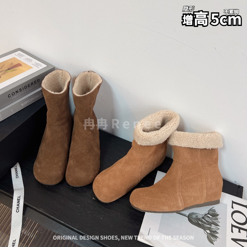 冉冉Renee短筒增高雪地靴女冬季复古一脚蹬保暖羊羔毛勃肯鞋短靴