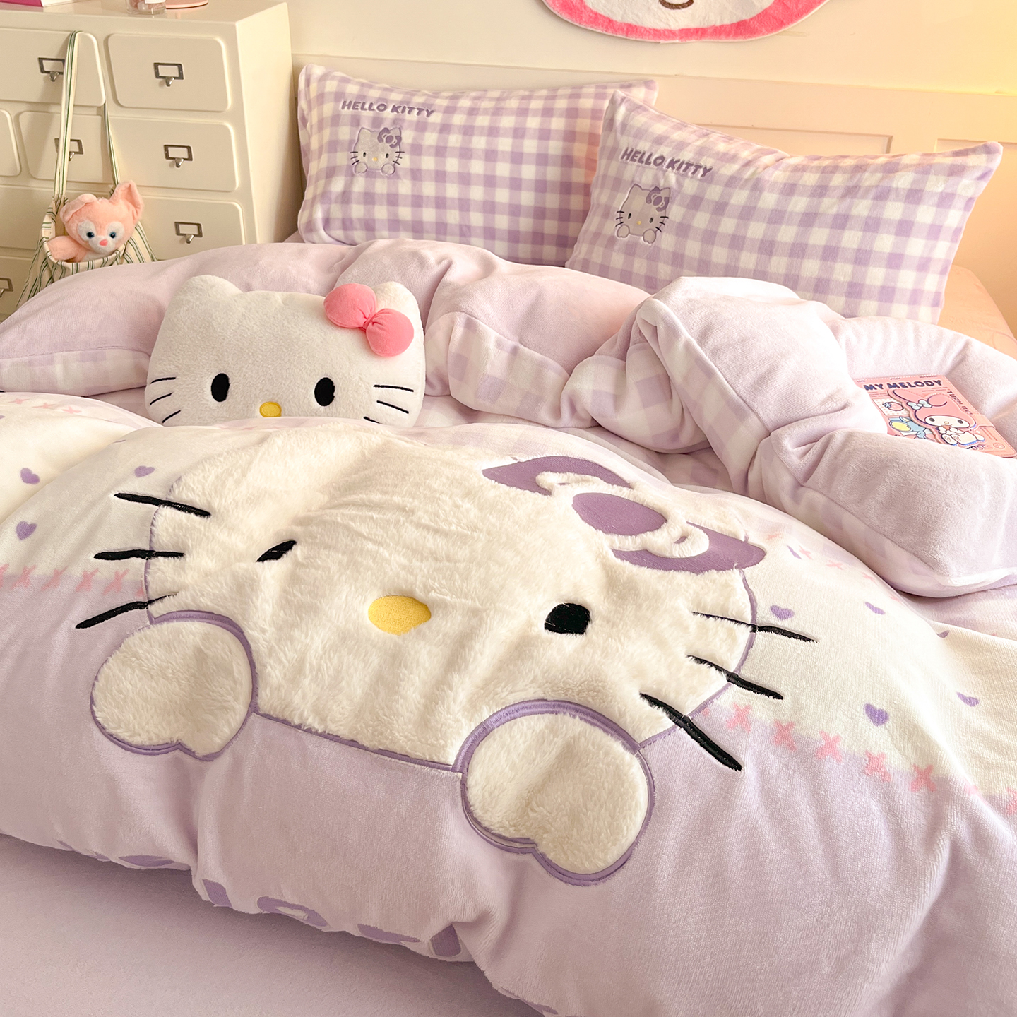 hellokitty牛奶绒床上四件套冬季可爱少女心珊瑚绒被套床单三件套