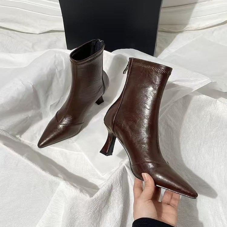 棕色短靴女高跟秋冬新款百搭法式小踝靴加绒细跟尖头弹力瘦瘦靴
