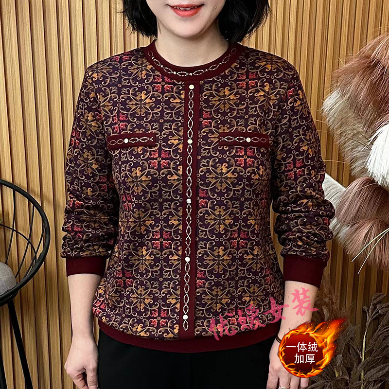 中老年女装冬季加绒保暖圆领烫钻印花显瘦百搭洋气妈妈装长袖上衣