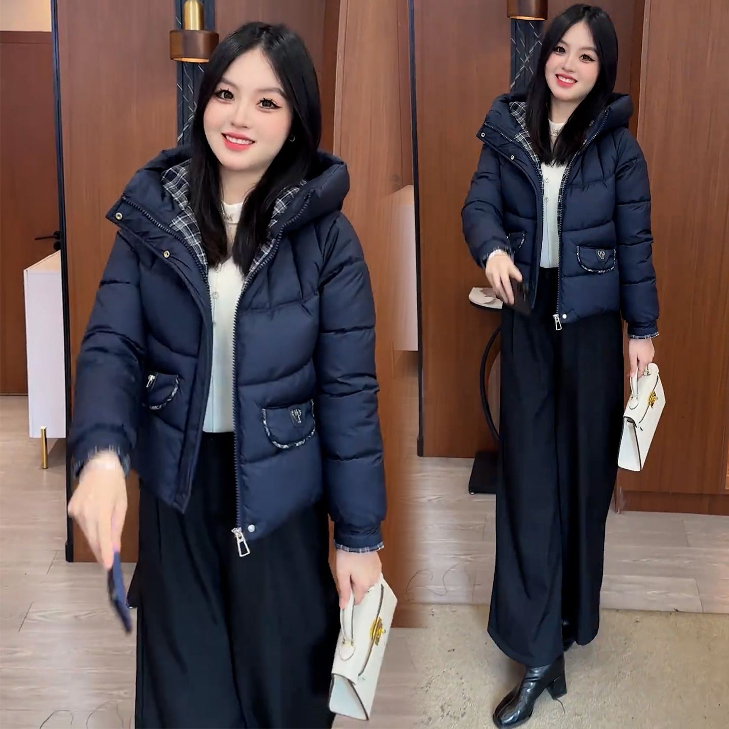 时尚短款连帽棉服女2025冬季新款洋气显瘦加厚保暖拼接小个子棉服