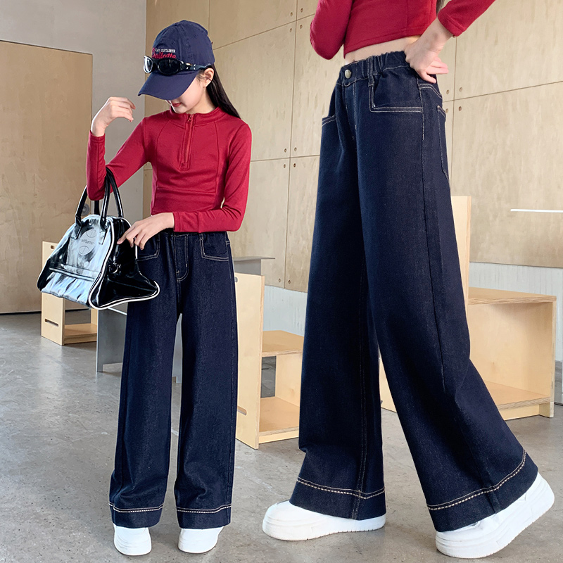 女童秋季裤子中大童牛仔长裤2025新款春秋装初中生儿童阔腿裤女孩