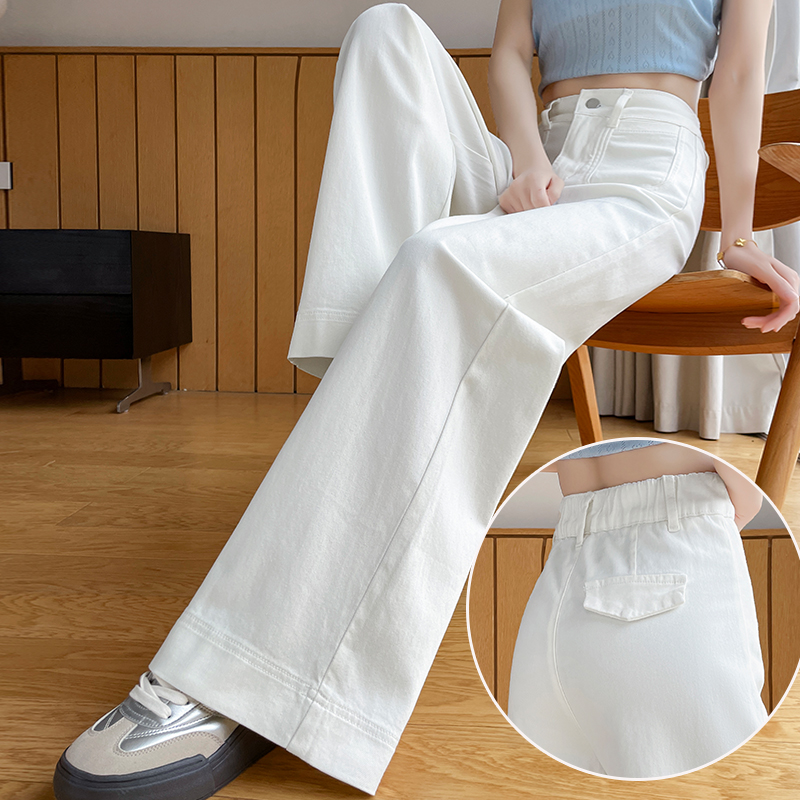 2025年秋季白色牛仔裤女弹力松紧后腰遮肉梨形身材阔腿拖地长裤子