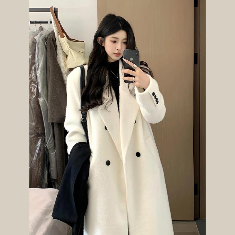毛呢外套女小个子2025新款秋冬季高级感正肩韩系加厚白色呢子大衣