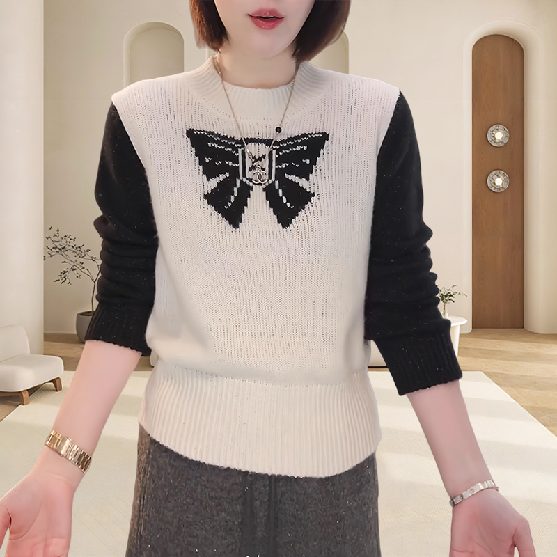 减龄气质轻熟风套头毛衣内搭高端复古蝴蝶结提花针织衫撞色上衣女