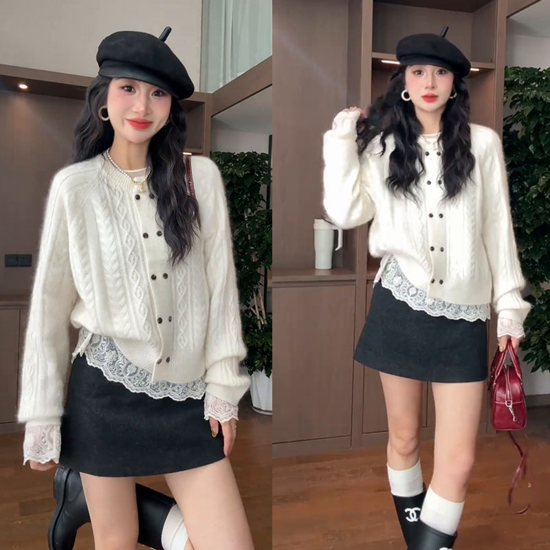 【专属运费】套装女装2025新款韩版蕾丝上衣圆领针织开衫短裙三件套