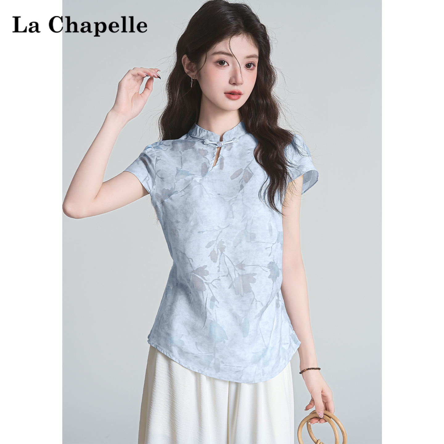 拉夏贝尔新中式国风提花立领衬衫短袖T恤女夏季蓝色后背系带上衣
