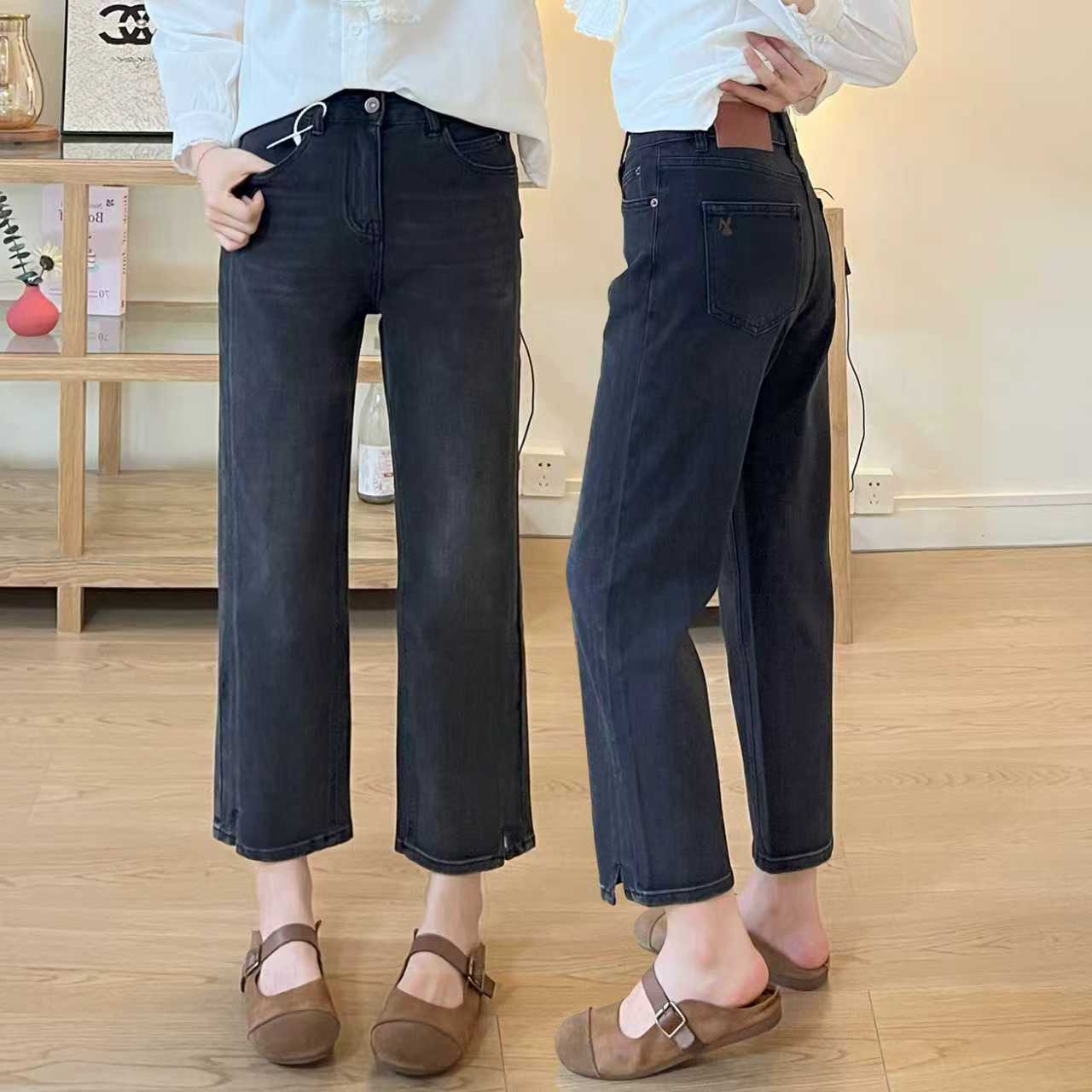 秋季新款洋气黑灰色九分直筒裤胖MM梨型身材高腰显瘦弹力烟管裤子