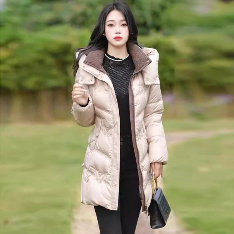 中长款羽绒服女冬季新款时尚气质显瘦百搭加厚保暖连帽白鸭绒外套