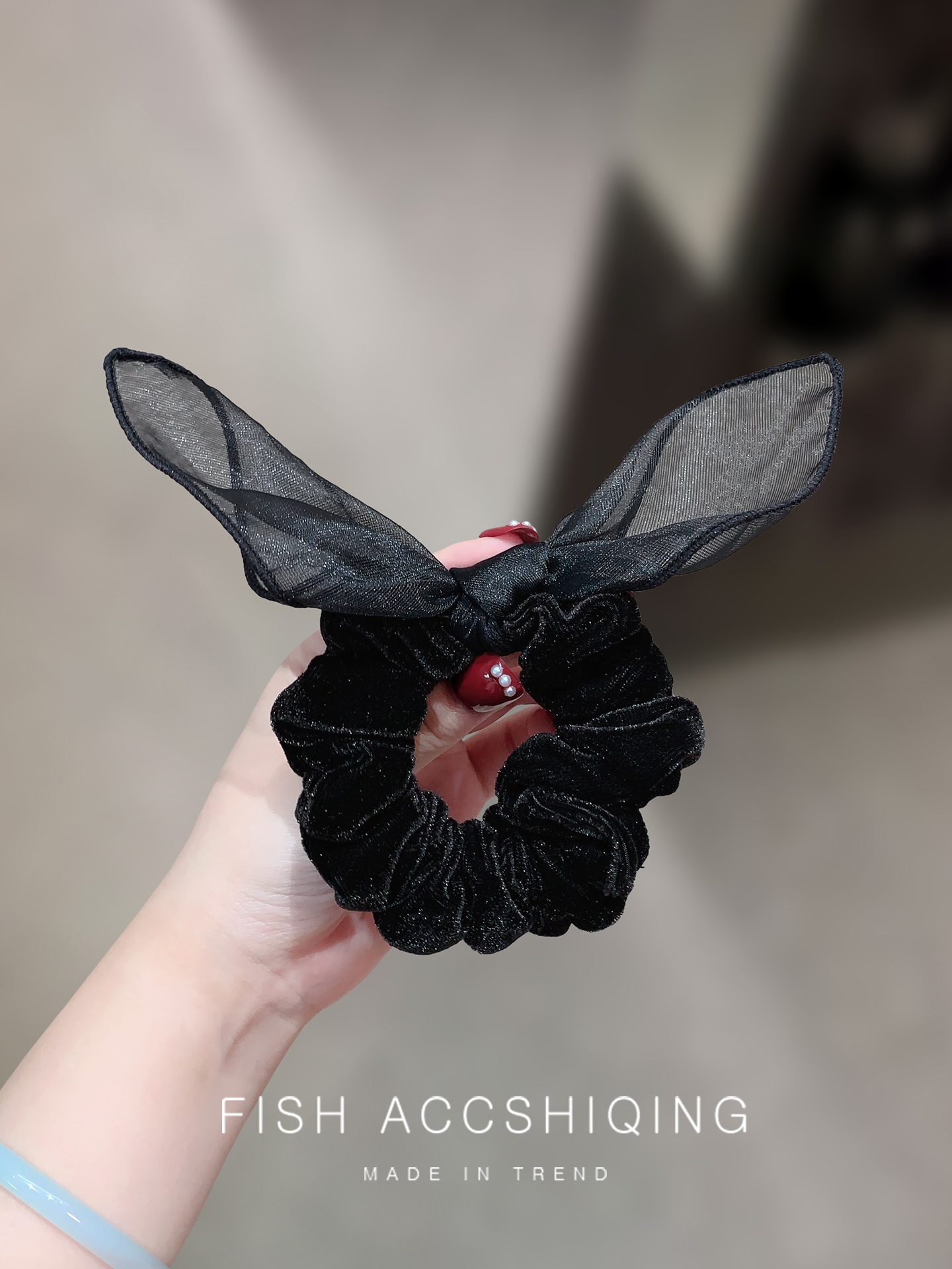 秋冬芭蕾风黑色欧根纱兔耳朵大肠发圈女扎头发高级感发绳头绳