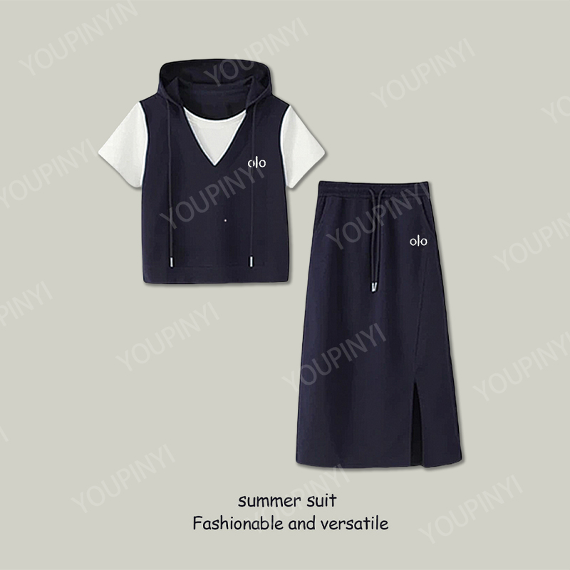 2025夏季新款时尚套装女刺绣假两件拼接上衣半身裙休闲套装两件套