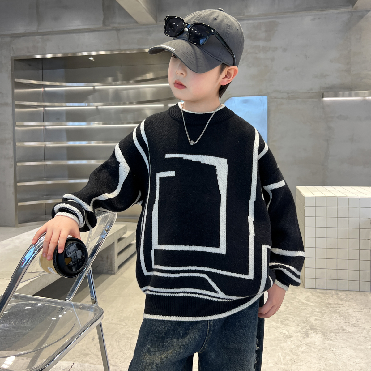 男童毛衣秋冬款2025新款儿童加厚中大童冬季男孩加绒打底针织衫潮