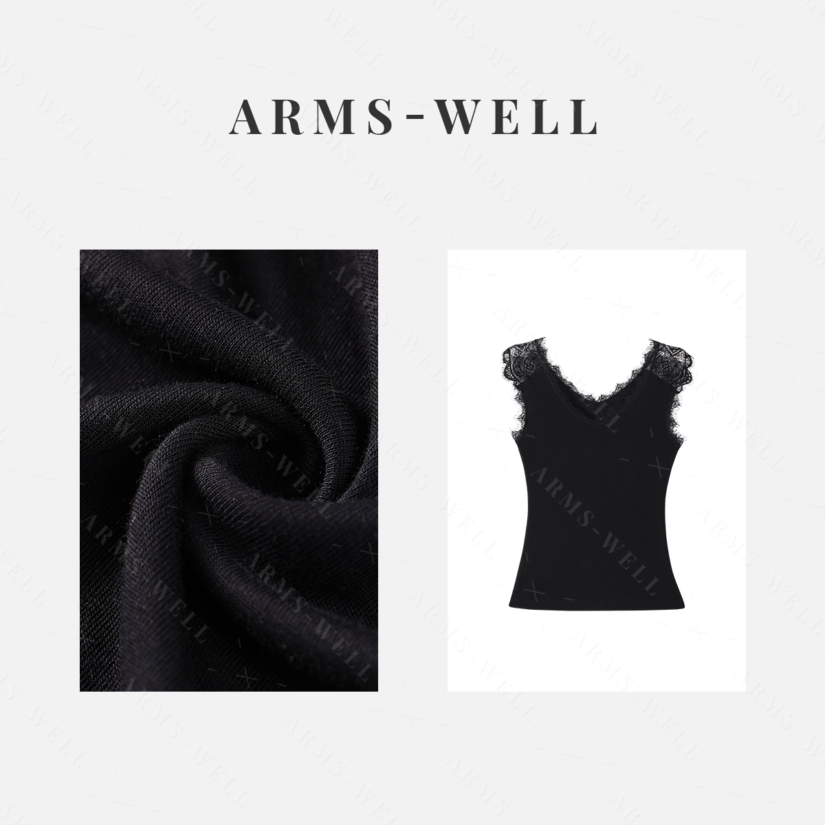 ARMS WELL王囡囡 黑色蕾丝莱赛尔v领背心（无胸垫）L35