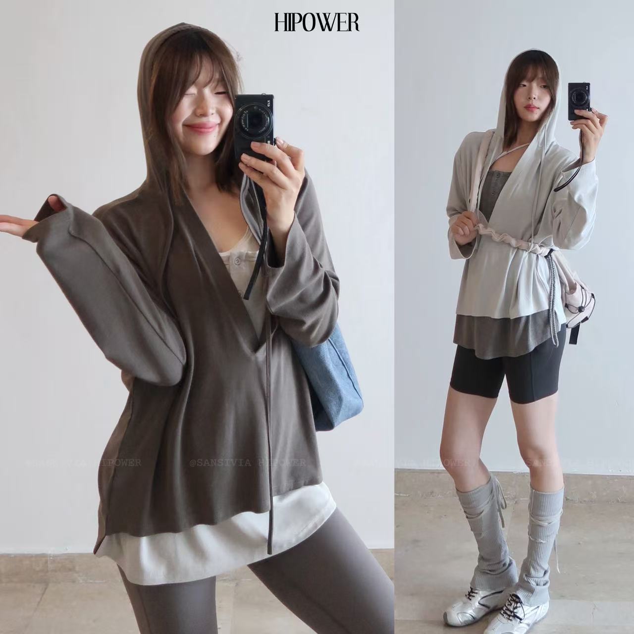 HIPOWER连帽假两件宽松长袖T恤上衣25早秋新款拼接运动休闲女外套