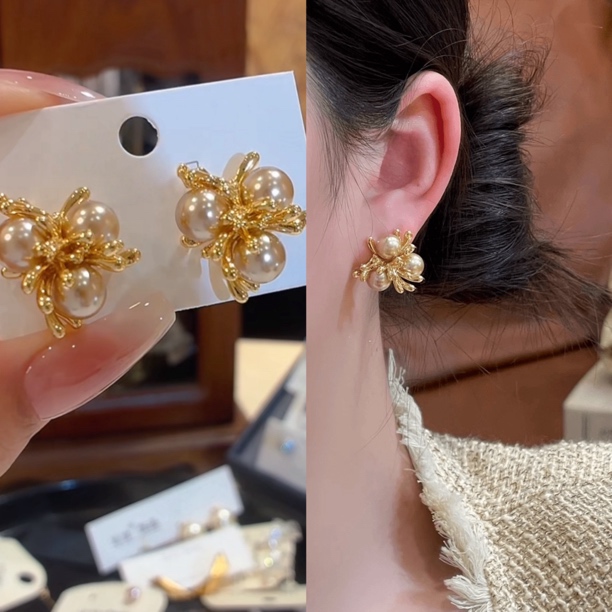铜合金耳饰 金色烟花珠珠耳钉百搭时尚高级气质