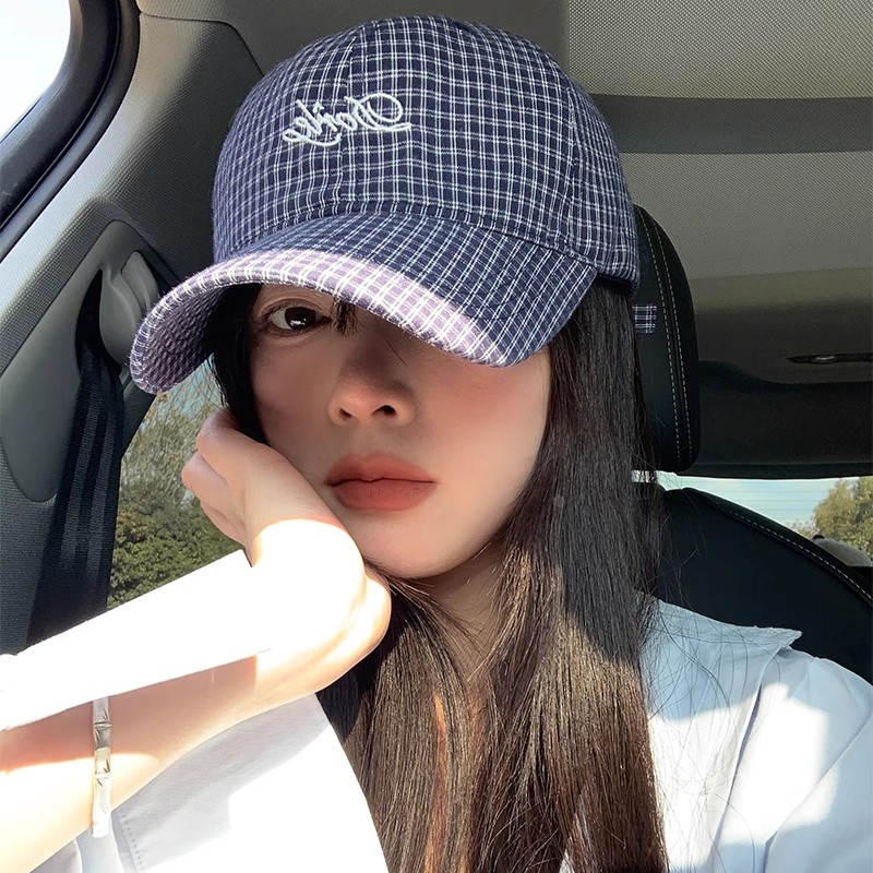 韩国小众蓝色格子字母棒球帽子女新款小清新时尚软顶弯檐鸭舌帽cy