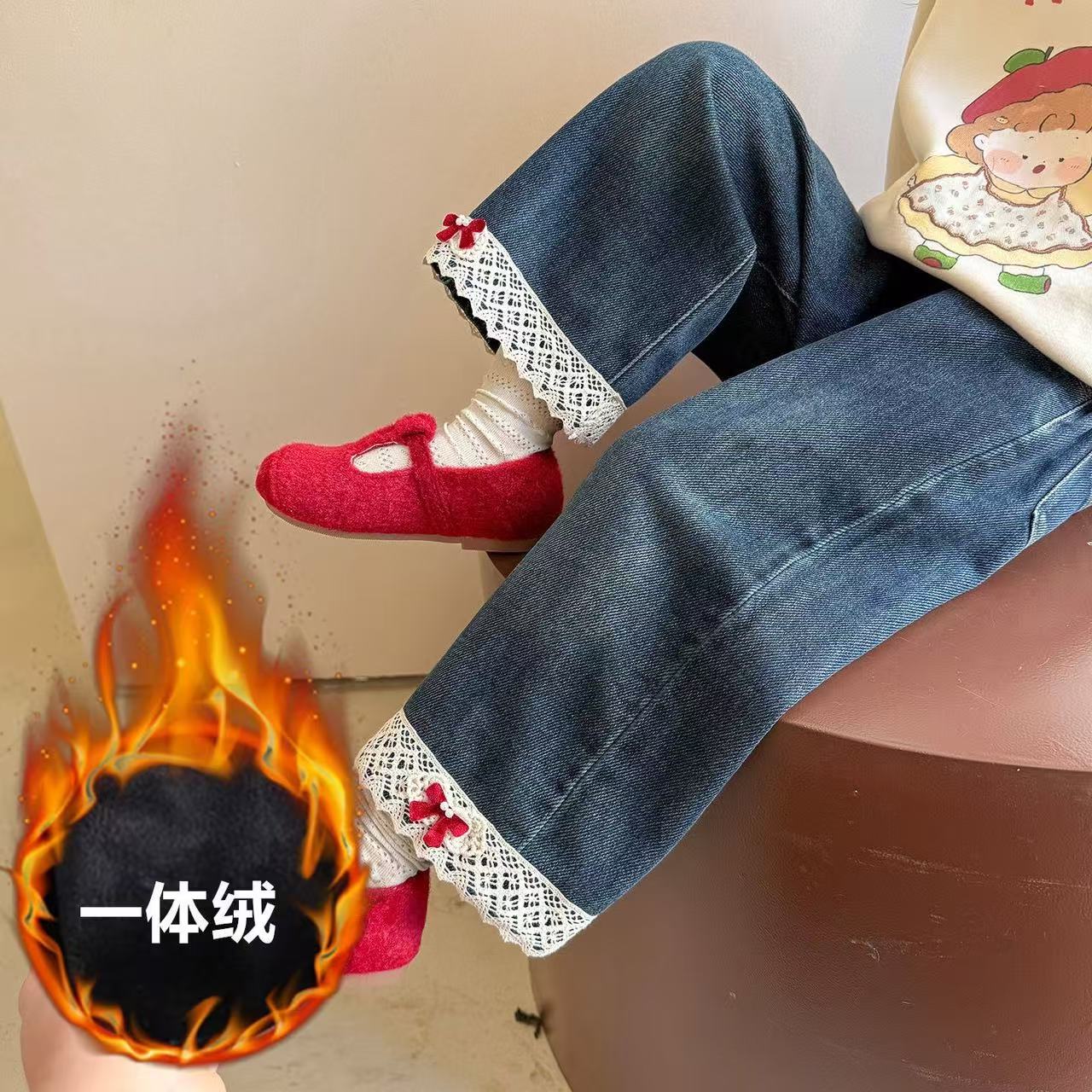 女童加绒裤子秋冬款儿童冬季一体绒牛仔裤宝宝直筒阔腿裤