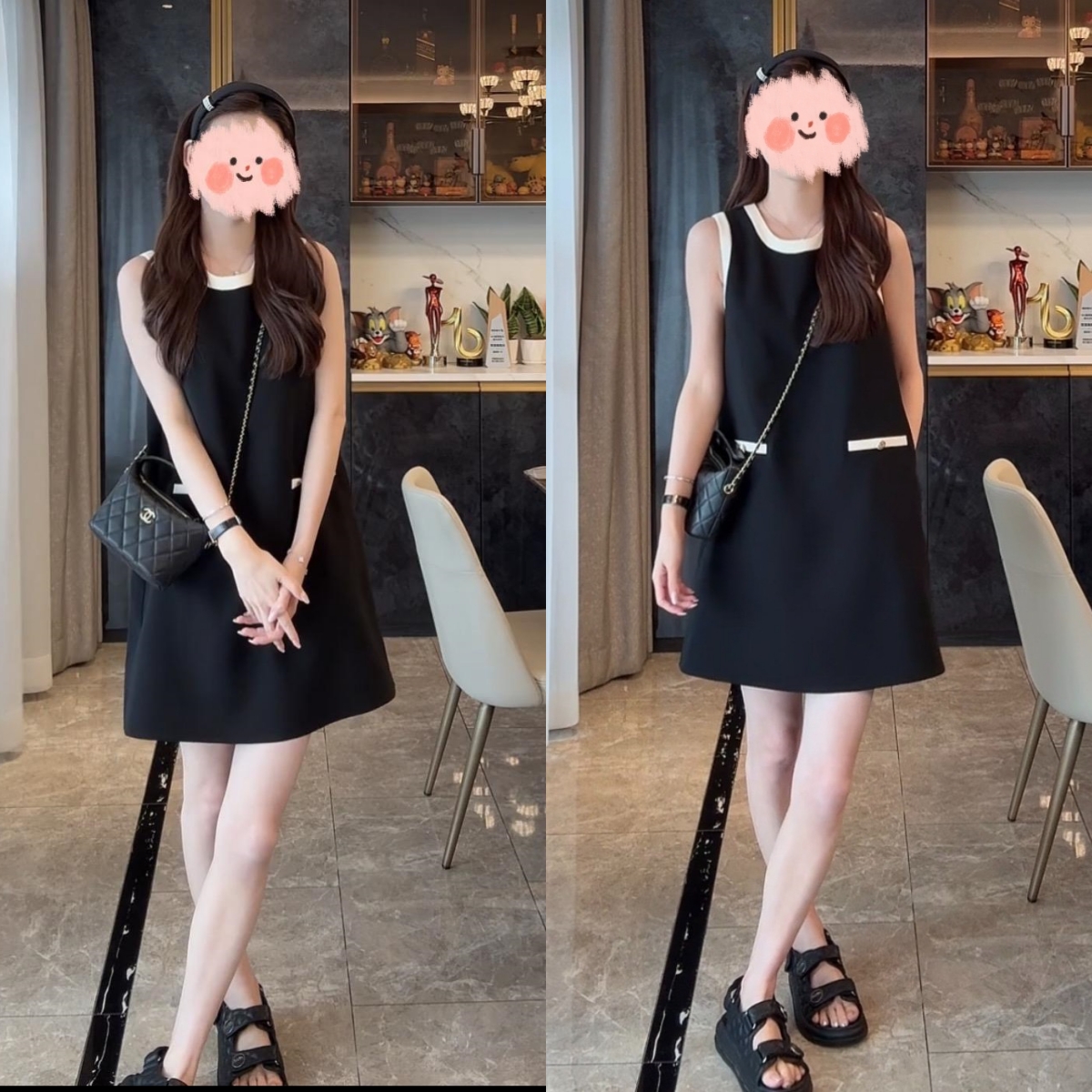 千金风撞色无袖小香风直筒连衣裙女夏季新款气质贵气高定遮肉短裙