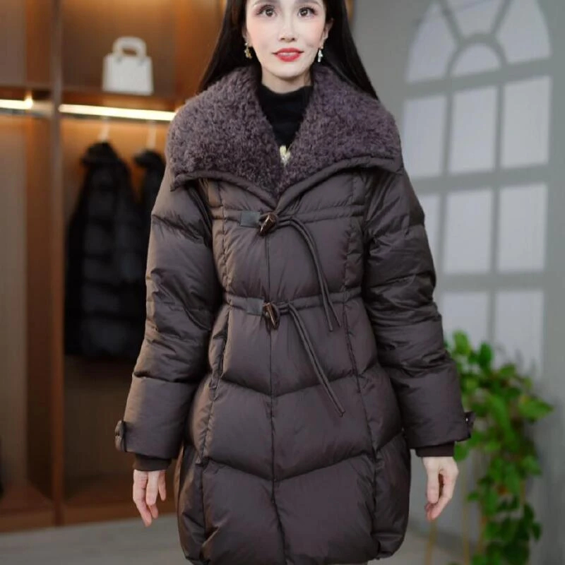 爆款冬季新款大码遮肉中长款加厚大毛领法式高端女士白鸭绒羽绒服