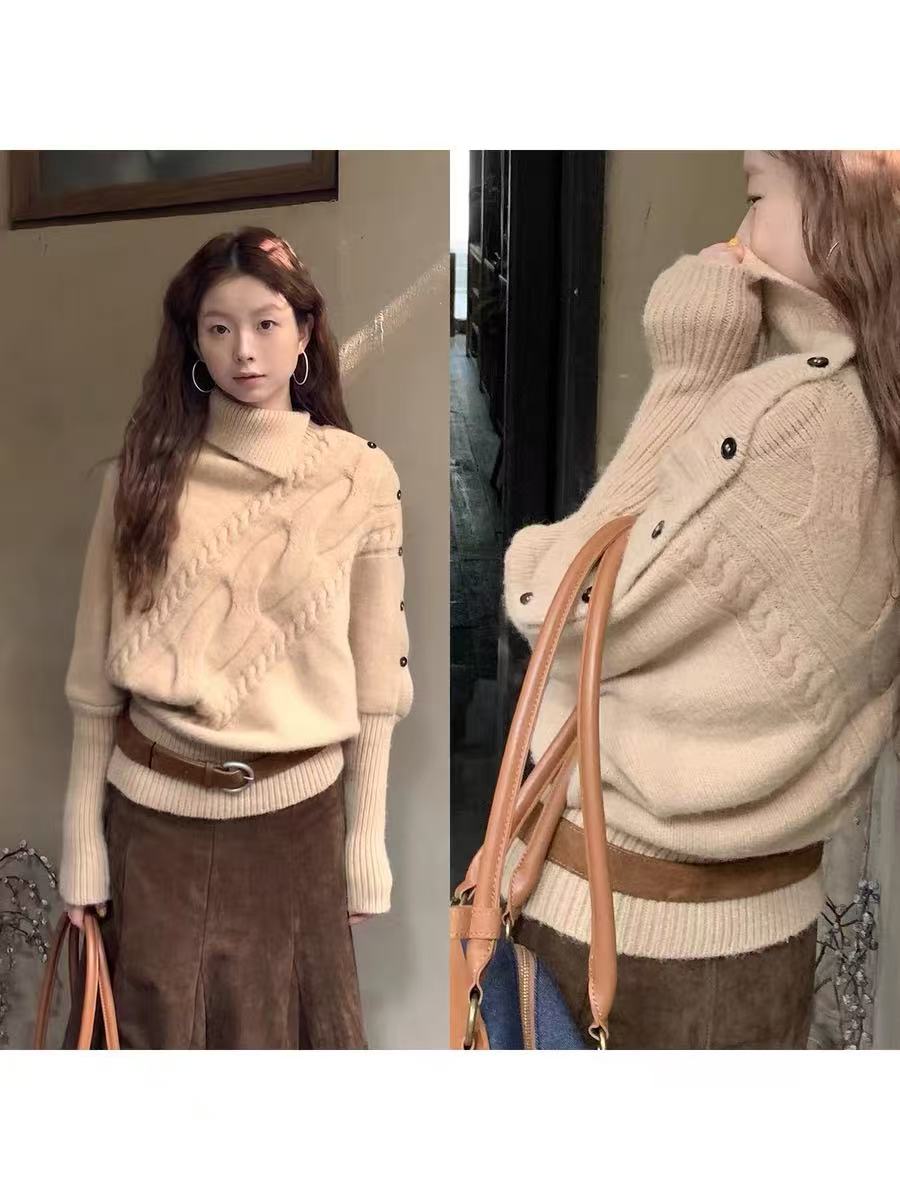 高领毛衣女2025秋冬款慵懒高级感长袖上衣设计感超好看韩系针织衫