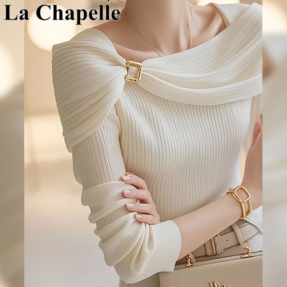 拉夏贝尔新款时尚气质白色一字肩打底针织衫2025秋冬季韩系上衣女