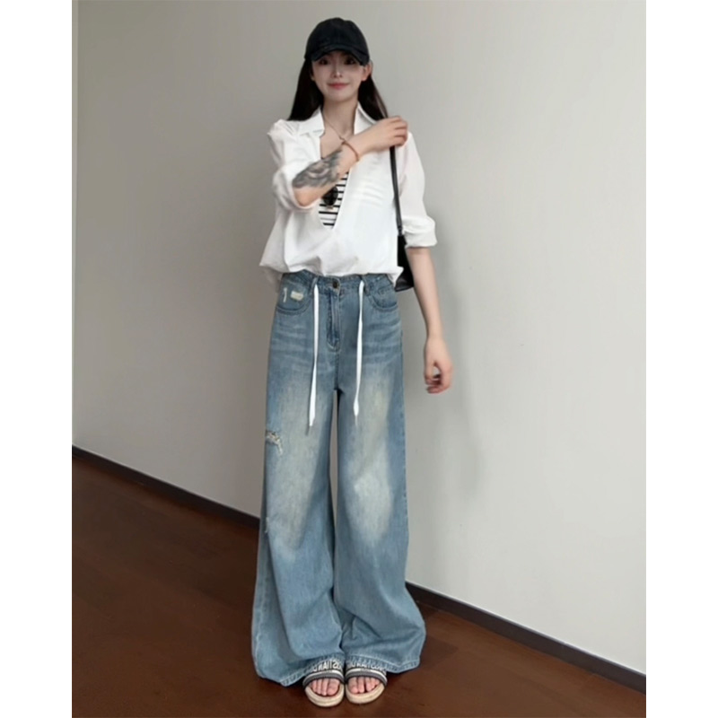 复古破洞高腰阔腿牛仔裤女2025秋季新款宽松显瘦垂感直筒拖地百搭