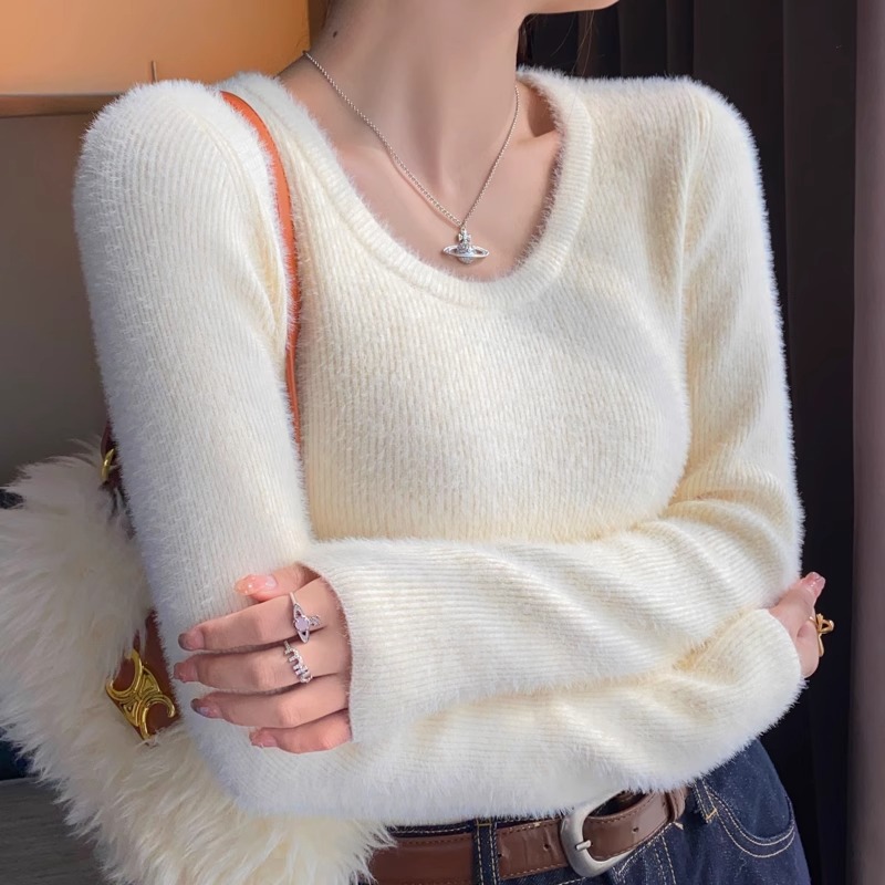 加绒加厚圆领毛衣女秋冬季保暖2025新款白色修身针织内搭打底上衣