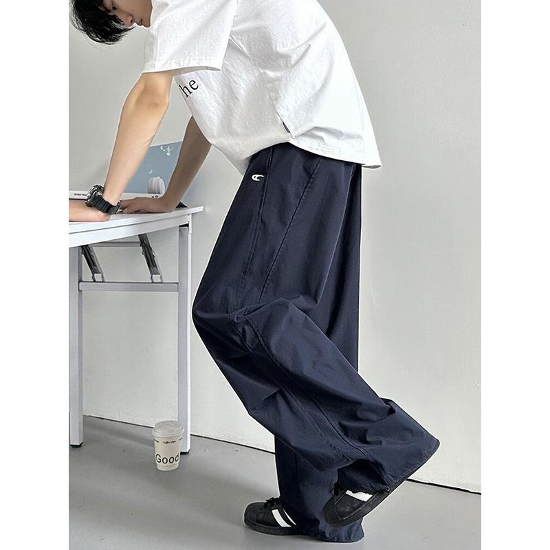 藏青色刺绣裤子男款夏季美式复古垂感阔腿裤高级感褶皱宽松伞兵裤