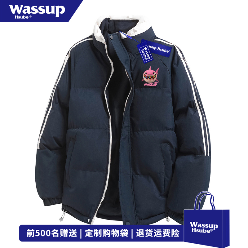 WASSUP HSUBE秋冬卡通鲨鱼印花立领棉服男女高街三条杠藏青色外套