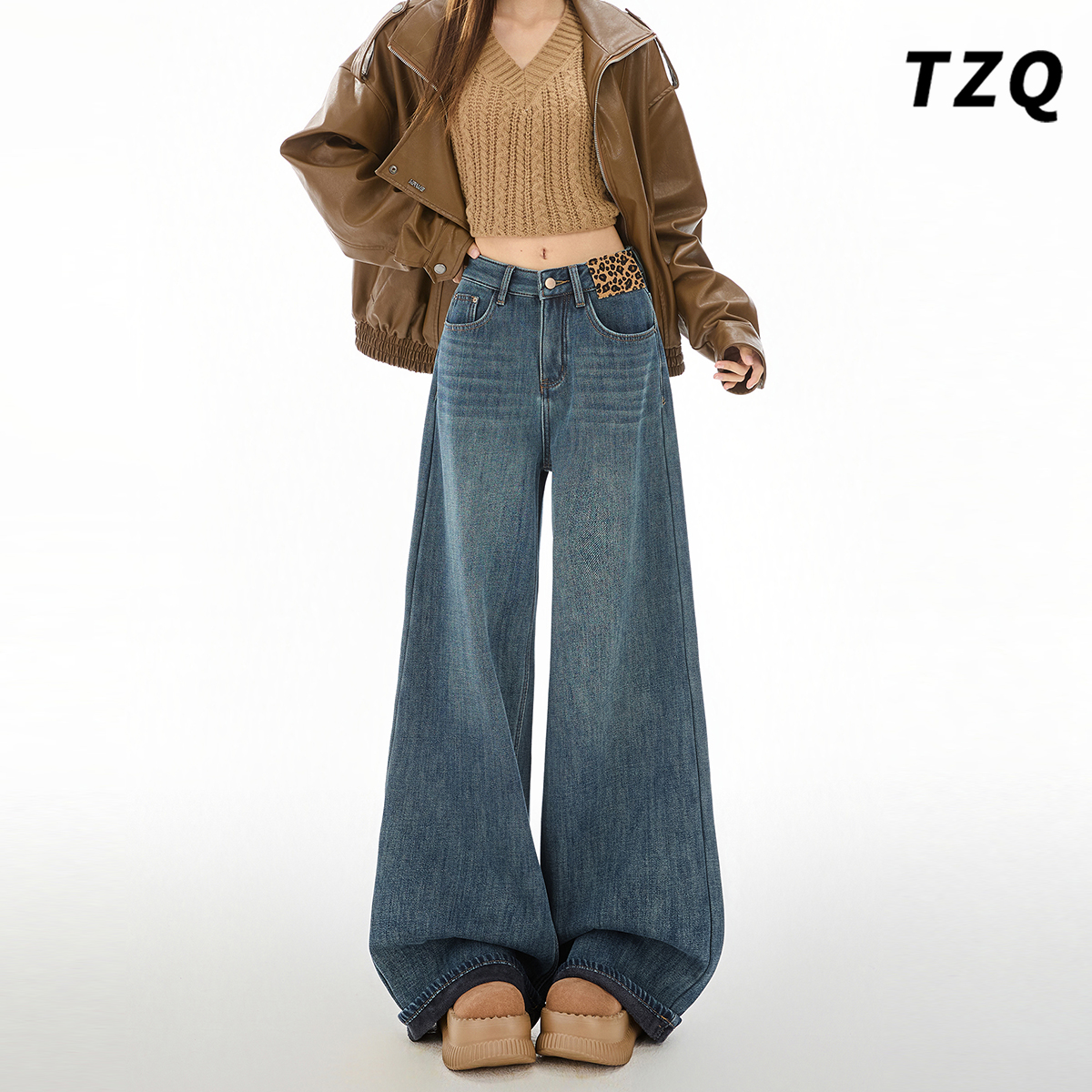 美式高级设季阔腿牛仔裤女秋冬季新款加绒加厚高腰宽松显瘦拖地裤