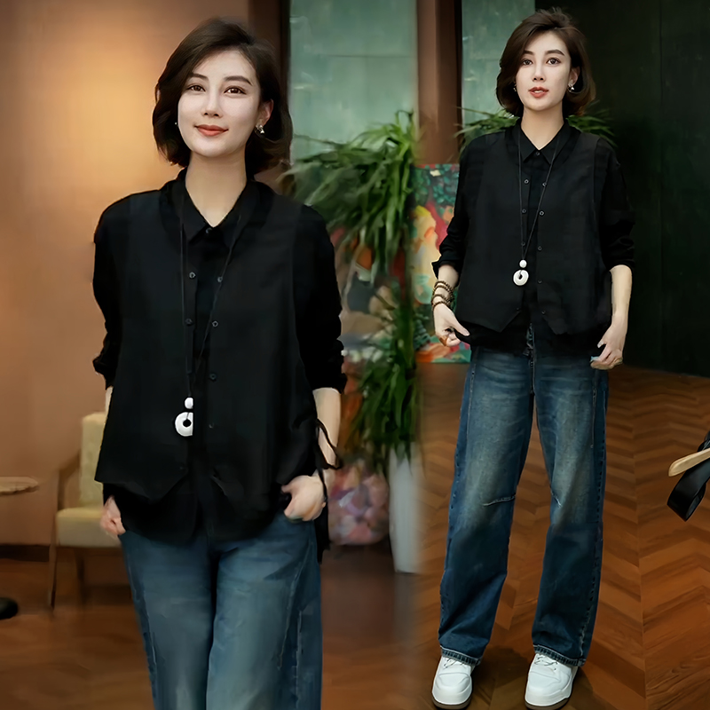 高级感时尚气质长袖衬衫女2025年秋冬新款宽松休闲百搭假两件上衣