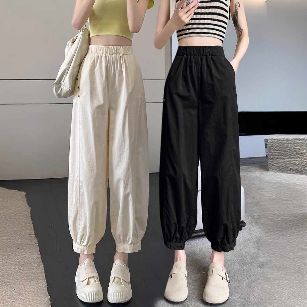 速干工装裤子女夏季薄款灯笼裤小个子松紧腰束脚九分哈伦萝卜裤子