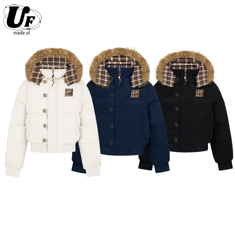 UF 原创国潮美式复古校园连帽收腰男女显瘦高级感毛领棉服外套