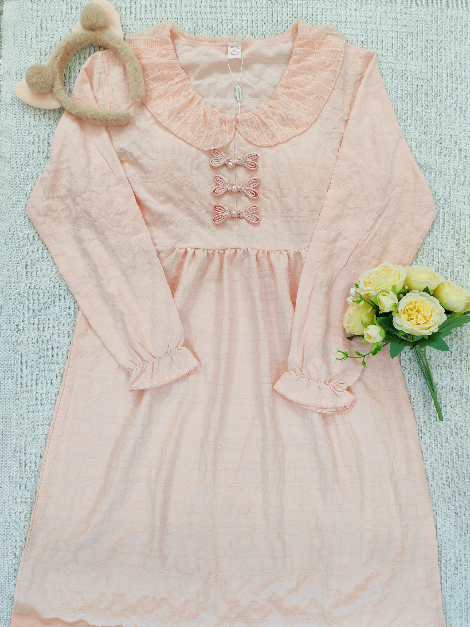 国风带胸垫长袖居家睡裙休闲甜美长裙家居服高档纯色蕾丝手工纽扣