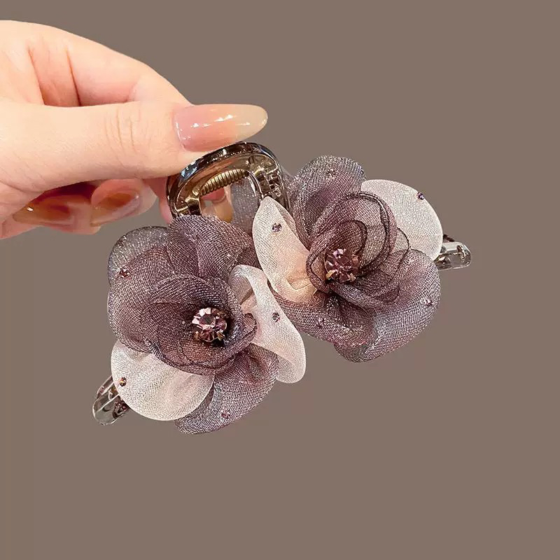 高端优雅紫雪纱花朵镶钻抓夹A141